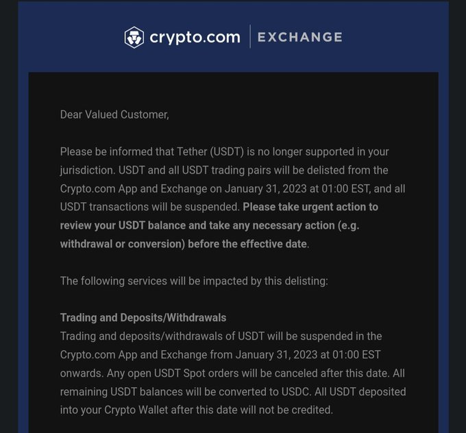 Crypto.com delists USDT